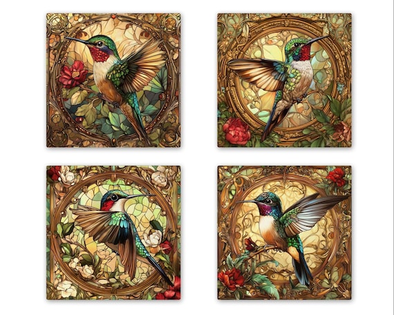 Art Nouveau Hummingbird Tile Set: Alphonse Mucha Floral Trivets