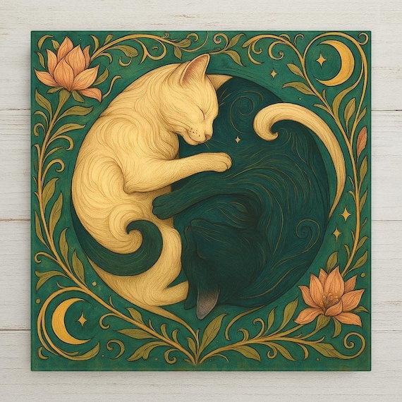Yin Yang Cats Ceramic Tile Wall Art: Art Nouveau Wall Decor Home Decor