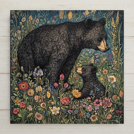 Art Nouveau Black Bear & Cub Ceramic Tile: William Morris Style Decor