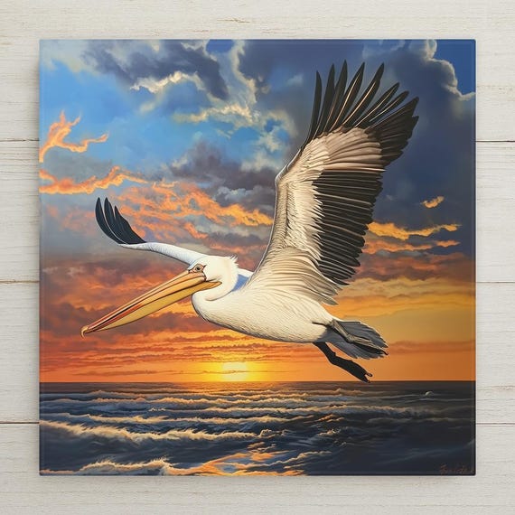 Pelican Ceramic Tile Art: Coastal Sunset Bird Wall Decor