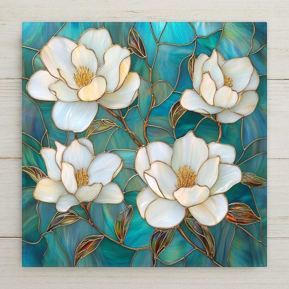 Art Nouveau Magnolia Tile – Stained Glass Look Botanical Wall Decor – White Flowers on Teal Background Wall Art Unique Housewarming Gift For