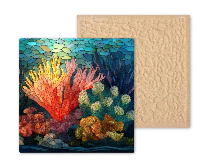 Coral Reef Wall Art Ceramic Tile Ocean Gift Stained Glass Decor Marine Nature Art Reef Lover Coastal Gift Tile 画像 9