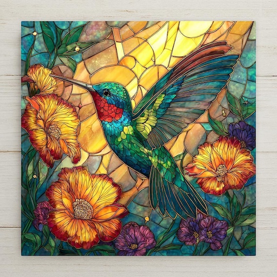 Hummingbird Ceramic Tile Wall Art Stained Glass Style for Garden Lovers