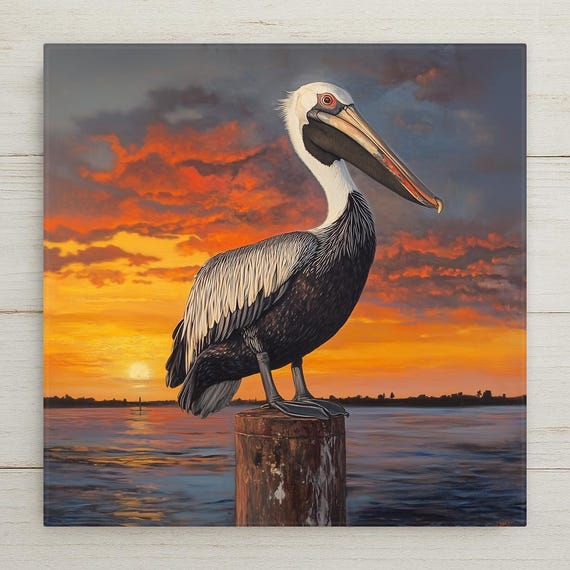 Coastal Pelican Ceramic Tile Art: Seaside Wildlife Sunset Beach Decor for Home, Kitchen, Bathroom
