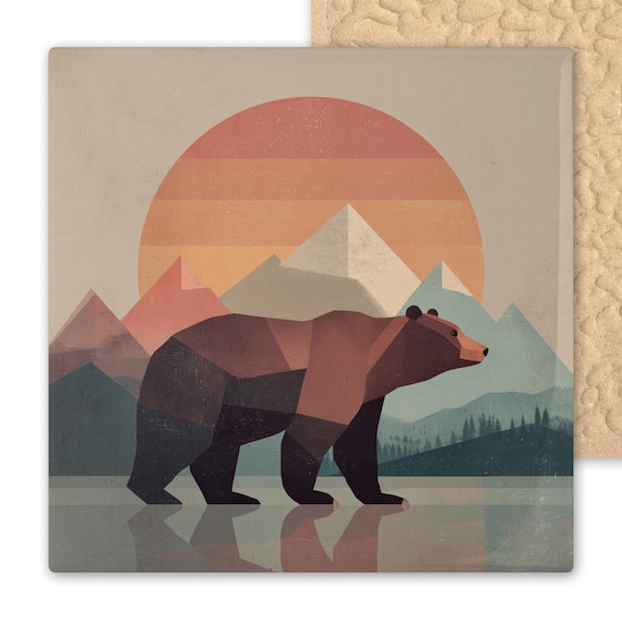 Geometric Bear Ceramic Tile Wall Art – Modern Mountain Sunset Wildlife Decor, Rustic Cabin Wall Accent, Woodland Animal Art Gift
