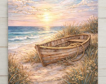 Arte mural de azulejos de cerámica con diseño de barco costero: decoración playera estilo vitral, decoración de pared con atardecer en el océano, regalo para el hogar con bote de remos.