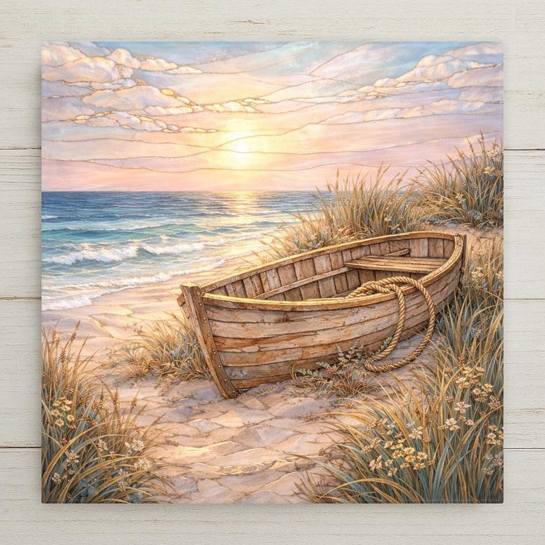 Coastal Boat Ceramic Tile Wall Art – Stained Glass Style Beach Decor ...