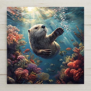 Sea Otter Ceramic Tile - Coastal Beach House Decor - Ocean Animal Wall Art for Bathroom