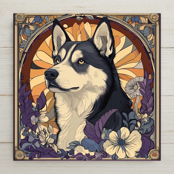 Art Nouveau Siberian Husky Ceramic Tile: Floral Dog Portrait Wall Art