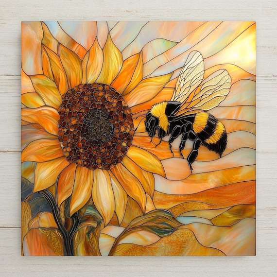 Handcrafted Stained Glass Bee & Sunflower Ceramic Tile - Garden Wall Art for Pollinator Lovers
