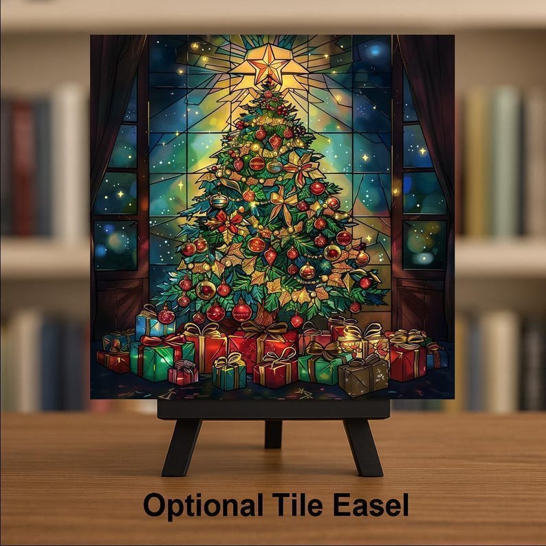 Christmas Tree Ceramic Tile Wall Art Stained Glass Style Faith Decor Christian Holiday Home Bookshelf Art image 3