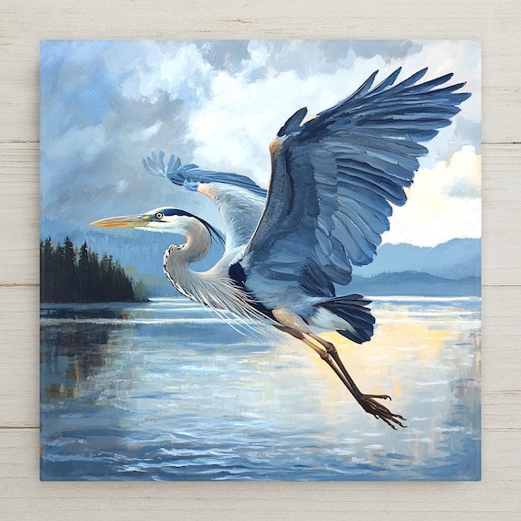 Great Blue Heron Ceramic Tile Art | Salish Sea Audubon Inspired Blue Heron | Classic Bird Lovers Tile | Wall Decor Bird Art Trivet