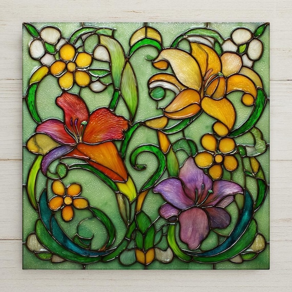 Stained Glass Floral Ceramic Tile Wall Art – Art Nouveau Flower Design, Botanical Home Decor, Giftable Nature Tile