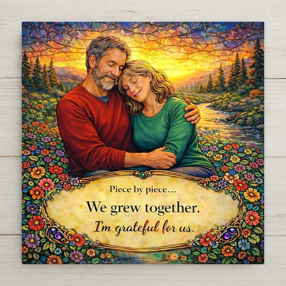 Anniversary Wall Art Ceramic Tile – Romantic Sunset Couple Decor, “We Grew Together” Marriage Home Decor