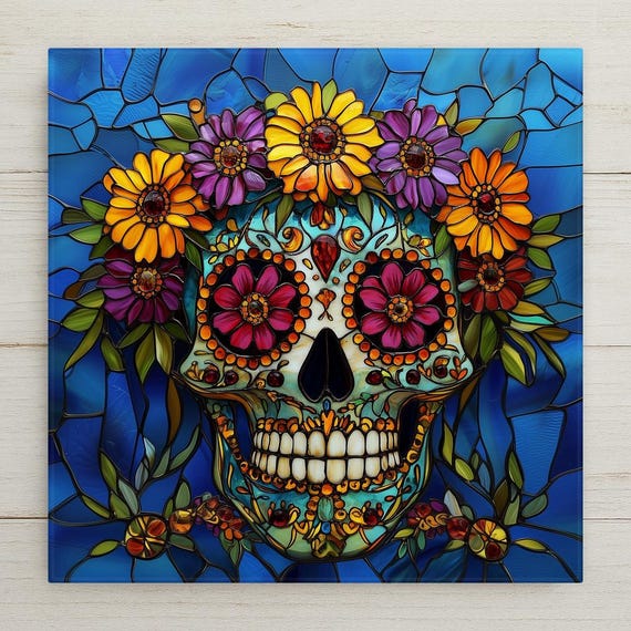 Sugar Skull Wall Art Ceramic Tile Day of Dead Decor Mexican Folk Art Gift Dia de Muertos Tile
