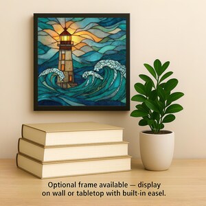 Stained glass–style lighthouse ceramic tile wall art featuring rolling ocean waves and a glowing coastal beacon. This is a permanent printed design on ceramic, not real stained glass or mosaic. Ideal for coastal home decor, nautical wall decor, or meaningful home decor. Optional tile wall hanger, easel tile stand, cork backing, and premium frame available for wall or tabletop display.