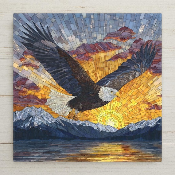 Bald Eagle Ceramic Tile Wall Art – Stained Glass Mountain Sunset Design, Nature Home Decor, Rustic Cabin Decor, Wildlife Wall Art Gift