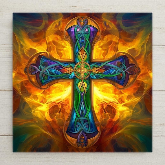 Vibrant Celtic Cross Ceramic Tile: Irish Christian Wall Art Inspired by Stained Glass