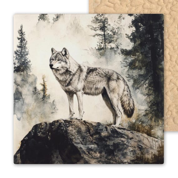 Audubon-Inspired Grey Wolf Ceramic Tile Art: Rustic Wildlife Decor for Nature Lovers' Cabin Walls