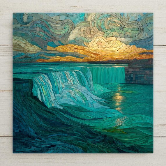 Niagara Falls Ceramic Mosaic: Stained Glass Style Landscape Wall Art, Nature-Inspired Home Decor Gift