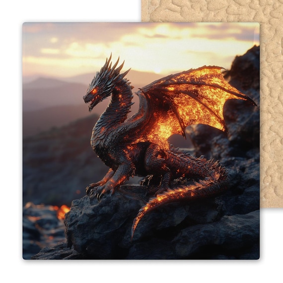 St. George Dragon Ceramic Tile: Fantasy Wall Art, Gothic Lava Design, Medieval Trivet, Mythical Creature Gift
