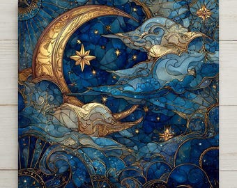 Moon & Stars Ceramic Tile Wall Art – Stained Glass Style Night Sky, Celestial Wall Decor, Mystical Home Decor
