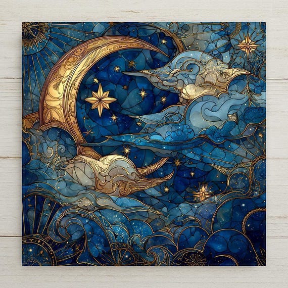 Moon & Stars Ceramic Tile Wall Art – Stained Glass Style Night Sky, Celestial Wall Decor, Mystical Home Decor