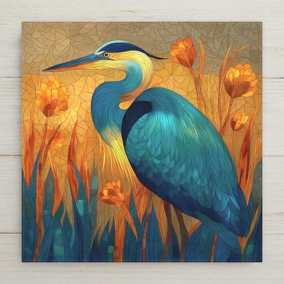 Elegant Blue Heron Ceramic Tile Art - Stained Glass Style Wall Decor with Earth Tone Reeds