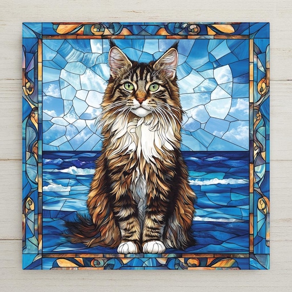 Maine Coon Ceramic Tile Wall Art: Stained Glass Style Cat Decor, Whimsical Pet Trivet Home Decor, Coastal Home Accent