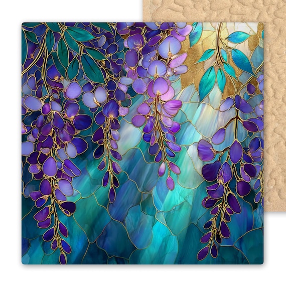 Stained Glass Wisteria Tile Art – Purple Floral Ceramic Wall Decor with Golden Sunlight – Nature-Inspired Botanical Gift for Garden Lovers
