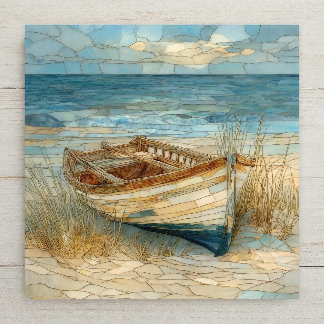 Coastal Rowboat Wall Art Ceramic Tile Beach Scene Gift Nautical Cottage ...