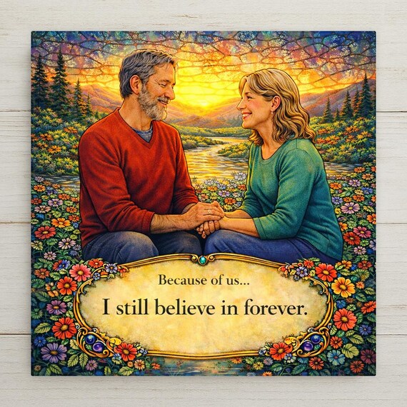 Anniversary Wall Art Ceramic Tile – Romantic Sunset Couple Decor, “I Still Believe in Forever” Marriage Home Decor