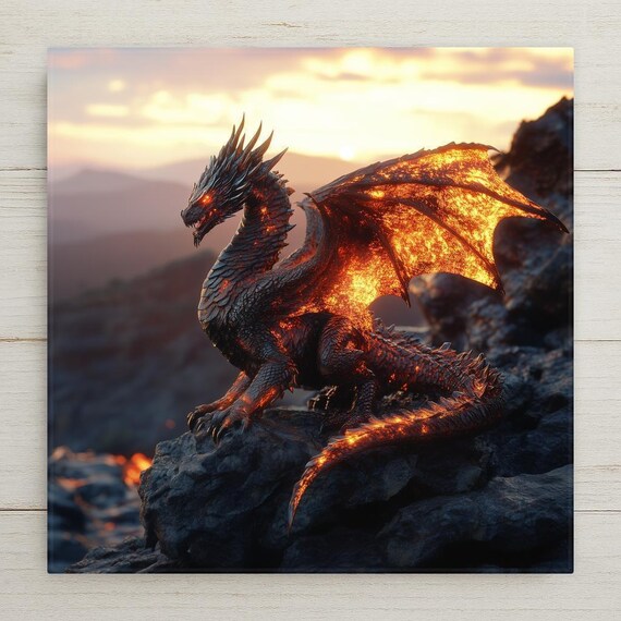 St George Style Dragon Ceramic Tile Wall Art – Fiery Medieval Fantasy Creature Home Decor, Lava Dragon Wall Decor Gift, Myth Legend Tile