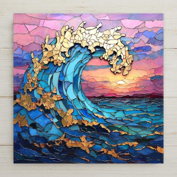 Stained Glass Style Sunset Ocean Wave Ceramic Tile: Coastal Wall Art