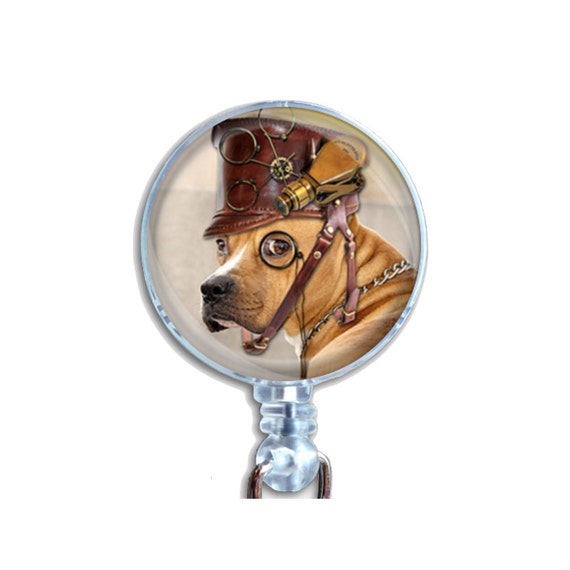Badge Reel ID Retractable Lanyard Name Card Badge Holder Steampunk Great Dane Yellow Lab Mix Dog With Hat And Spectacle
