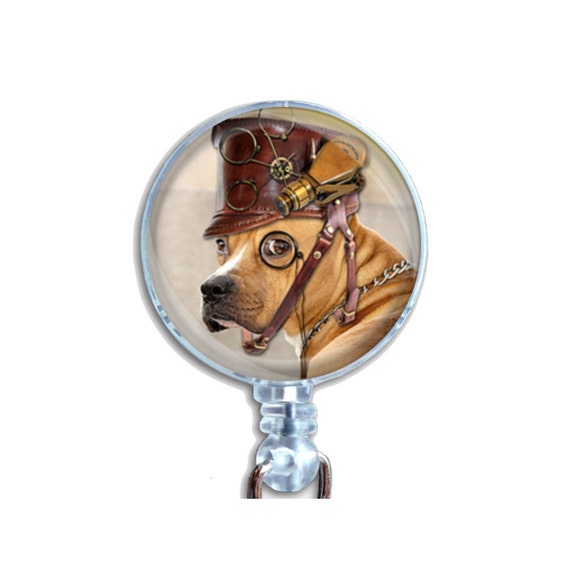Steampunk Dog Badge Reel – Great Dane Yellow Lab Mix ID Holder with Hat and Monocle, Retractable Clip for Nurses and Dog Lovers