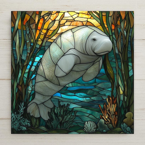 Handcrafted Manatee Ceramic Tile: Coastal Sunset Ocean Art