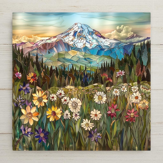 Mount Rainier Wildflower Mosaic Ceramic Tile Art - Stained Glass Style Mountain Landscape Wall Decor