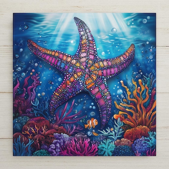 Colorful Starfish Ceramic Tile: Ocean Reef Wall Art