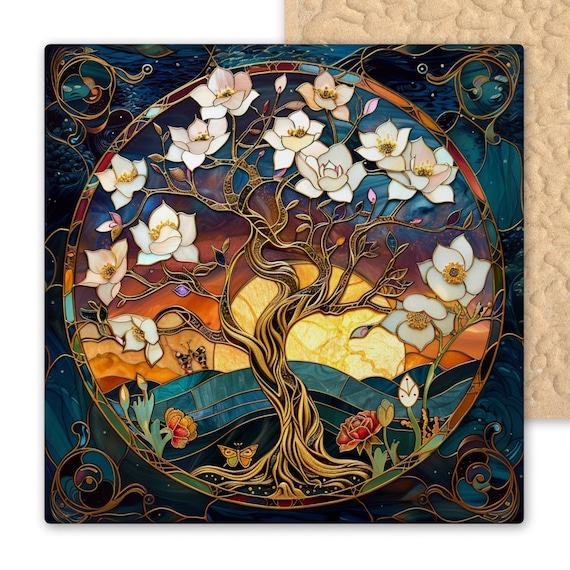 Tree of Life Ceramic Tile Art - Stained Glass Style Wall Decor with White Blossoms and Sunset - Spiritual Nature Art Nouveau Home Art Tile