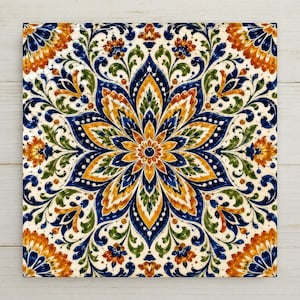 May include: A square ceramic tile featuring a symmetrical, intricate floral mandala pattern. The design displays a central star-shaped motif in shades of deep blue, golden yellow, and forest green, surrounded by repeating leaf and petal elements.