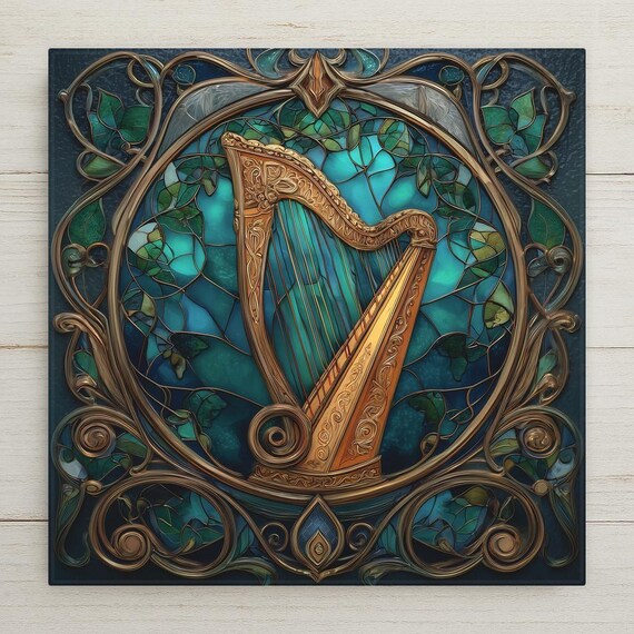 Celtic Harp Ceramic Tile - Art Nouveau Stained Glass Style Wall Decor, Irish Music Gift for Musicians