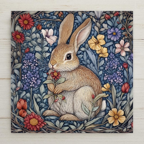 Art Nouveau Bunny Ceramic Tile: Morris-Inspired Floral Wall Decor