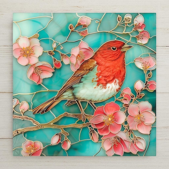 Red Robin Ceramic Tile Art: Stained Glass Style Unique Wall Art Bird Decor for Nature Lovers Home Decor