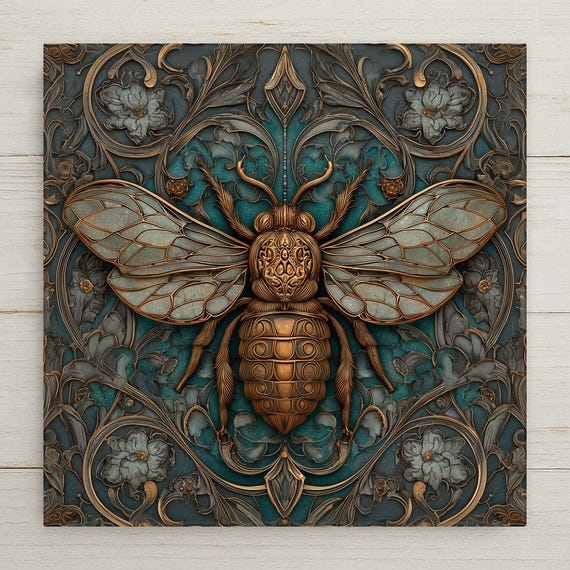 Art Nouveau Bee Ceramic Tile Wall Decor - Botanical Insect Nature Home Accent