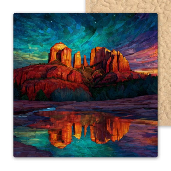 Stained Glass Style Sedona Cathedral Rock Tile Art with Sunset Reflection, Southwest Landscape Ceramic Wall Art Desert Home Decor
