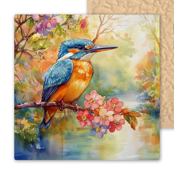 Kingfisher Ceramic Tile Art – Vibrant Bird Wall Decor with Colorful Water Background, Handmade Nature Artwork, Home Decoration Gift Idea