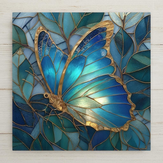 Blue Butterfly Ceramic Tile Wall Art – Stained Glass Nature Design, Elegant Home Decor, Botanical Wall Decor Gift for Butterfly Lovers
