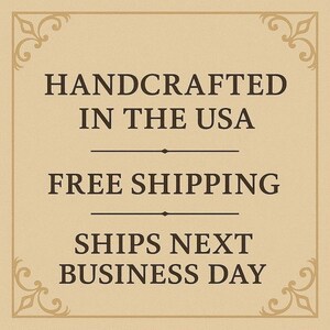 The image is a sign advertising a product, specifically a handmade item, that is free shipping and will be available for business the next day.