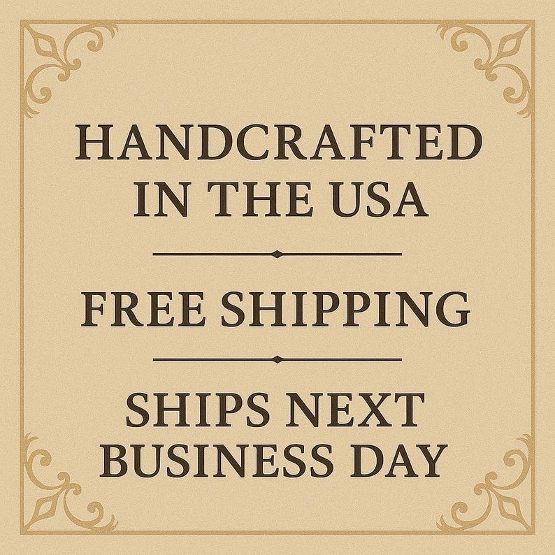 The image is a sign advertising a product, specifically a handmade item, that is free shipping and will be available for business the next day.